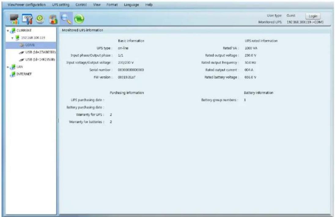 ViewPower configuration UPS setting Control View Format Language Help User type Guest Login Monitored UPS 192.168.100.119->COM1 CURRENT 192.168.100.119 COM1 USB (id=27ABE5EO) USB (id=14F2353B) LAN INTERNET Monitored UPS information Basic information UPS type : on-line Rated VA : 1000 VA Input phase/…