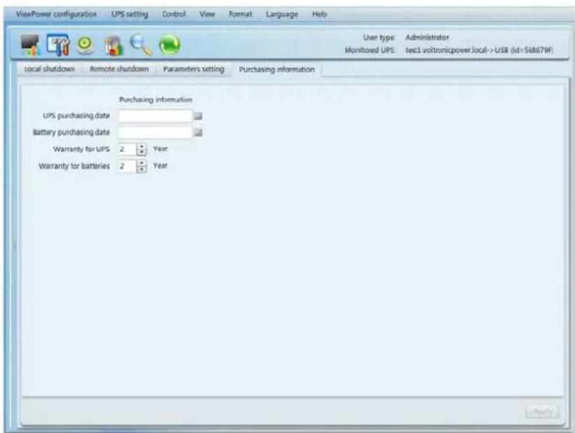 ViewPower configuration UPS setting Control View Format Language Help User type: Administrator Monitored UPS: test1.voltronikpower.local->USB (id=548679F) Local shutdown Remote shutdown Parameters setting Purchasing information Purchasing information UPS purchasing date Battery purchasing date Warra…