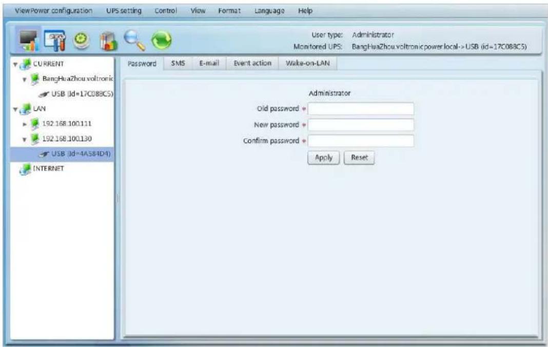 View Power configuration UPS setting Control View Format Language Help User type: Administrator Monitored UPS: BangHuaZhou voltronic power local->USB (id=17C088C5) CURRENT BangHuaZhou voltronic USB (Id=17C088C5) LAN 192.168.100.111 192.168.100.130 USB (Id=4A584D4) INTERNET Password SMS E-mail Event…