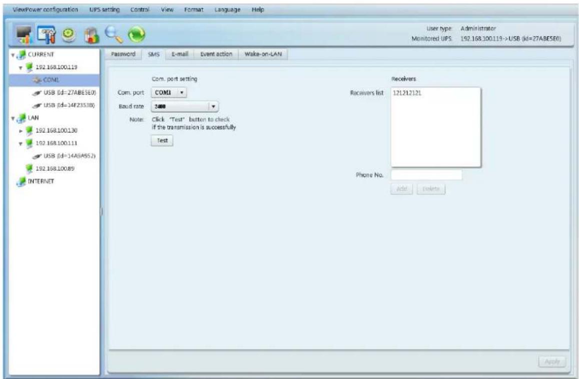 ViewPower configuration UPS setting Control View Format Language Help User type Administrator Monitored UPS 192.168.100.113->USB (id=27ABE50) CURRENT 192.168.100.119 COMI USB (ld=27ABE50) USB (ld=14F2353B) LAN 192.168.100.130 192.168.100.111 USB (ld=14A9A9S2) 192.168.100.89 INTERNET Password SMS E-m…