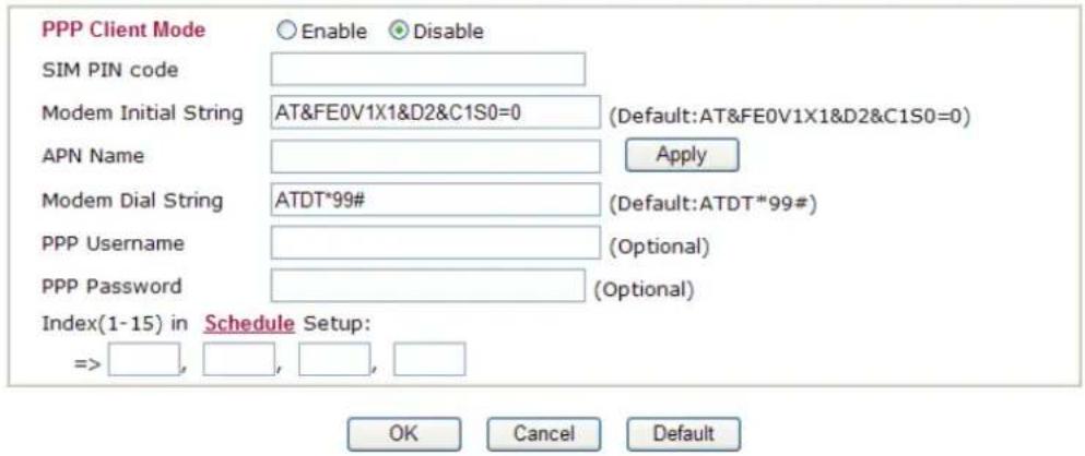 PPP Client Mode Enable Disable SIM PIN code Modem Initial String AT&FE0V1X1&D2&C1S0=0 (Default:AT&FE0V1X1&D2&C1S0=0) APN Name Apply Modem Dial String ATDT*99# (Default:ATDT*99#) PPP Username (Optional) PPP Password (Optional) Index(1-15) in Schedule Setup: => , , , , , OK Cancel Default