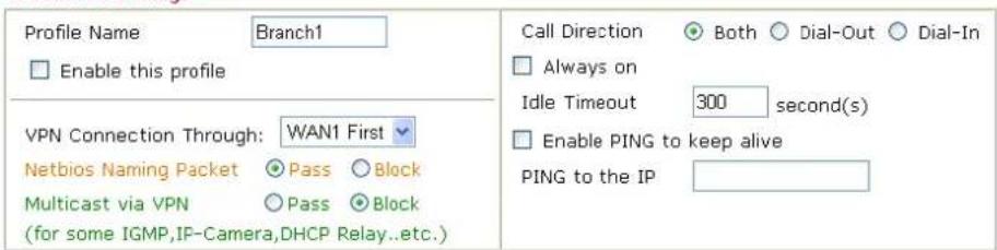 Profile Name Branch1 Enable this profile VPN Connection Through: WAN1 First Netbios Naming Packet Pass Block Multicast via VPN Pass Block (for some IGMP,IF-Camera,DHCP Relay..etc.) Call Direction Both Dial-Out Dial-In Always on Idle Timeout 300 second(s) Enable PING to keep alive PING to the IP