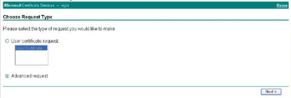 Microsoft Certificate Services - vigar Choose Request Type Please select the type of request you would like to make: ○ User certificate request User Certificate ○ Advanced request Next >