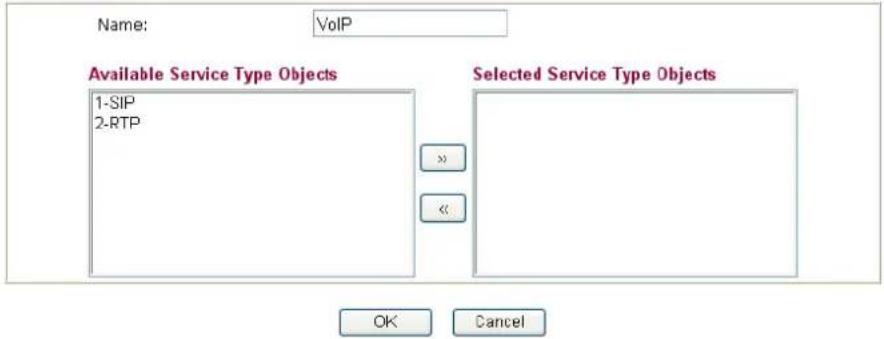 Name: VoIP Available Service Type Objects 1-SIP 2-RTP Selected Service Type Objects OK Cancel