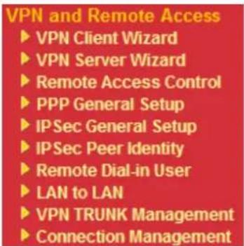 VPN and Remote Access ► VPN Client Wizard ► VPN Server Wizard ► Remote Access Control ► PPP General Setup ► IPSec General Setup ► IPSec Peer Identity ► Remote Dial-in User ► LAN to LAN ► VPN TRUNK Management ► Connection Management