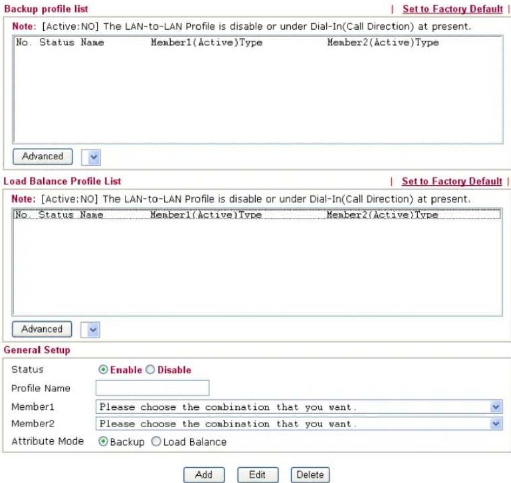 Backup profile list | Set to Factory Default | Note: [Active:NO] The LAN-to-LAN Profile is disable or under Dial-In(Call Direction) at present. No. Status Name Member1(Active)Type Member2(Active)Type Advanced Load Balance Profile List | Set to Factory Default | Note: [Active:NO] The LAN-to-LAN Profile is disable or under Dial-In(Call Direction) at present. No. Status Name Member1(Active)Type Member2(Active)Type Advanced General Setup Status Enable Disable Profile Name Member1 Please choose the combination that you want. Member2 Please choose the combination that you want. Attribute Mode Backup Load Balance Add Edit Delete