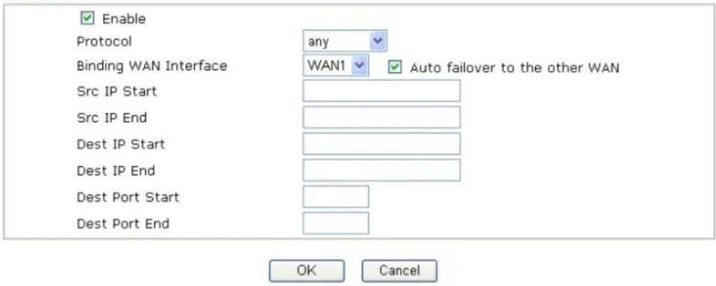 Enable Protocol any Binding WAN Interface WAN1 Auto failover to the other WAN Src IP Start Src IP End Dest IP Start Dest IP End Dest Port Start Dest Port End OK Cancel