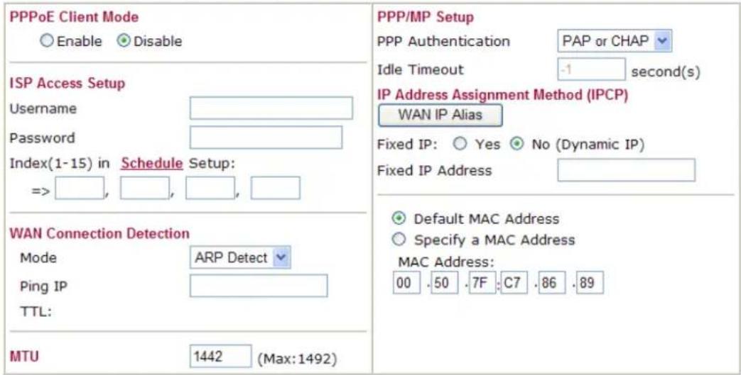 PPPoE Client Mode Enable Disable ISP Access Setup Username Password Index(1-15) in Schedule Setup: => , , , , , WAN Connection Detection Mode ARP Detect Ping IP TTL: MTU 1442 (Max:1492) PPP/MP Setup PPP Authentication PAP or CHAP Idle Timeout -1 second(s) IP Address Assignment Method (IPCP) WAN IP Alias Fixed IP: Yes No (Dynamic IP) Fixed IP Address Default MAC Address Specify a MAC Address MAC Address: 00 .50 .7F :C7 .86 .89