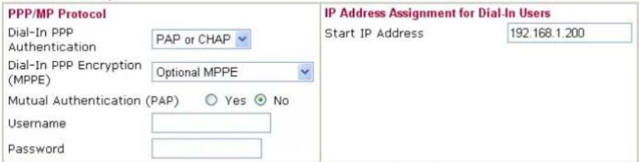 PPP/MP Protocol Dial-In PPP Authentication PAP or CHAP Dial-In PPP Encryption (MPPE) Optional MPPE Mutual Authentication (PAP) ○ Yes ● No Username Password IP Address Assignment for Dial-In Users Start IP Address 192.168.1.200