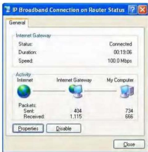 IP Broadband Connection on Router Status General Internet Gateway Status: Connected Duration: 00:19:06 Speed: 100.0 Mbps Activity Internet Internet Gateway My Computer Packets: Sent: 404 734 Received: 1,115 666 Properties Disable Close