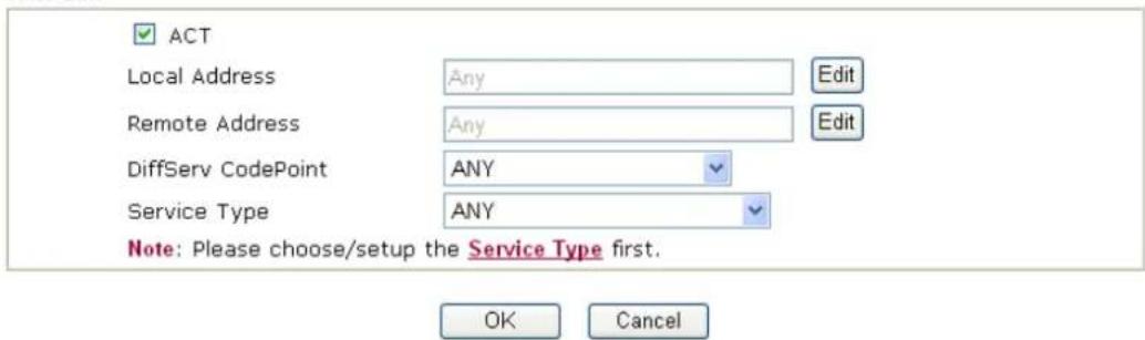 ACT Local Address Any Edit Remote Address Any Edit DiffServ CodePoint ANY Service Type ANY Note: Please choose/setup the Service Type first. OK Cancel