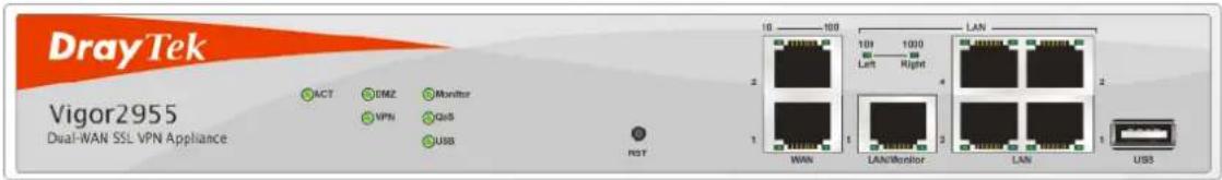 DrayTek Vigor2955 Dual-WAN SSL VPN Appliance ACT UM2 Monitor VPN GoS USB NRT 10 100 101 1000 LAN 1 1 Left Right WAN LAN/Monitor LAN 1 3 1 USB