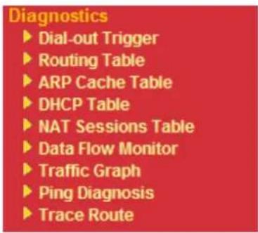 Diagnostics ► Dial-out Trigger ► Routing Table ► ARP Cache Table ► DHCP Table ► NAT Sessions Table ► Data Flow Monitor ► Traffic Graph ► Ping Diagnosis ► Trace Route
