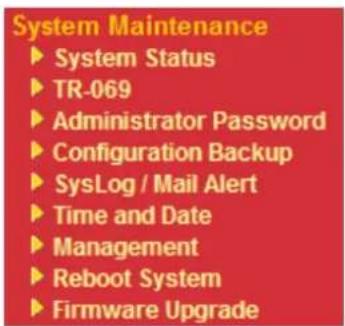 System Maintenance ► System Status ► TR-069 ► Administrator Password ► Configuration Backup ► SysLog / Mail Alert ► Time and Date ► Management ► Reboot System ► Firmware Upgrade