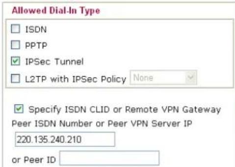 Allowed Dial-In Type ISDN PPTP IPSec Tunnel L2TP with IPSec Policy None Specify ISDN CLID or Remote VPN Gateway Peer ISDN Number or Peer VPN Server IP 220.135.240.210 or Peer ID