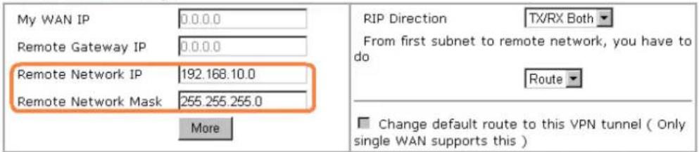 My WAN IP 0.0.0.0 Remote Gateway IP 0.0.0.0 Remote Network IP 192.168.10.0 Remote Network Mask 255.255.255.0 More RIP Direction TX/RX Both From first subnet to remote network, you have to do Route Change default route to this VPN tunnel ( Only single WAN supports this )