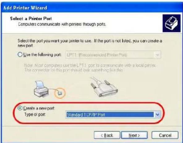 Add Printer Wizard Select a Printer Port Computers communicate with printers through ports. Select the port you want your printer to use. If the port is not listed, you can create a new port: Use the following port: LPT1: [Recommended Printer Port] Note: Most computers use the LPT1 port to communicate with a local printer. The connector for this port should look something like this. Create a new port: Type of port: Standard TCP/IP Port < Back Next > Cancel