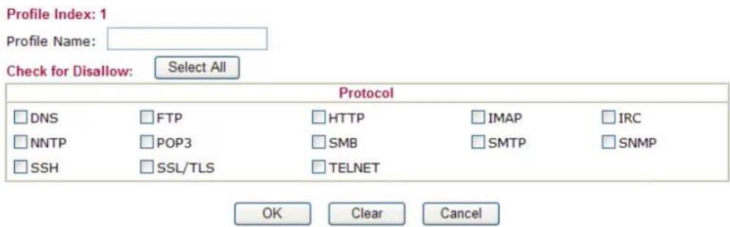 Profile Index: 1 Profile Name: Check for Disallow: Select All Protocol DNS FTP HTTP IMAP IRC NNTP POP3 SMB SMTP SNMP SSH SSL/TLS TELNET OK Clear Cancel