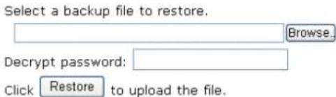 Select a backup file to restore. Browse... Decrypt password: Click Restore to upload the file.
