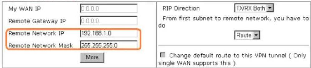 My WAN IP 0.0.0.0 Remote Gateway IP 0.0.0.0 Remote Network IP 192.168.1.0 Remote Network Mask 255.255.255.0 More RIP Direction TX/RX Both From first subnet to remote network, you have to do Route Change default route to this VPN tunnel ( Only single WAN supports this )