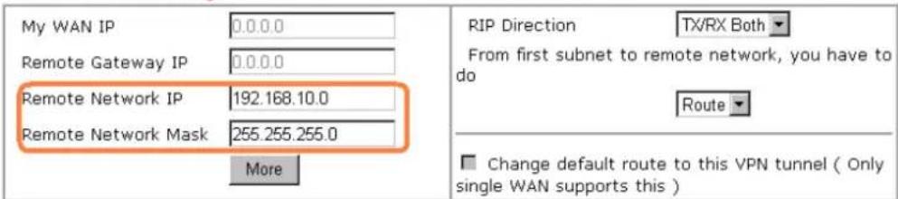 My WAN IP 0.0.0.0 Remote Gateway IP 0.0.0.0 Remote Network IP 192.168.10.0 Remote Network Mask 255.255.255.0 More RIP Direction TX/RX Both From first subnet to remote network, you have to do Route Change default route to this VPN tunnel ( Only single WAN supports this )