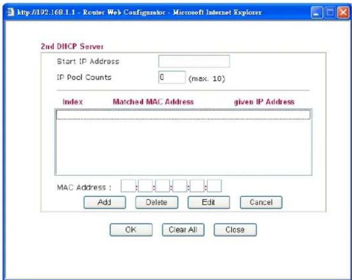 http://192.168.1.1 - Router Web Configurator - Microsoft Internet Explorer 2nd DHCP Server Start IP Address IP Pool Counts 0 (max. 10) Index Matched MAC Address given IP Address MAC Address : Add Delete Edit Cancel OK Clear All Close