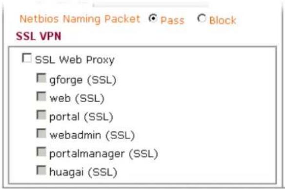 Netbios Naming Packet ○ Pass ○ Block SSL VPN □ SSL Web Proxy □ gforge (SSL) □ web (SSL) □ portal (SSL) □ webadmin (SSL) □ portalmanager (SSL) □ huagai (SSL)