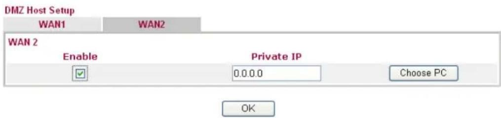 DMZ Host Setup WAN1 WAN2 WAN 2 Enable Private IP ✓ 0.0.0.0 Choose PC OK
