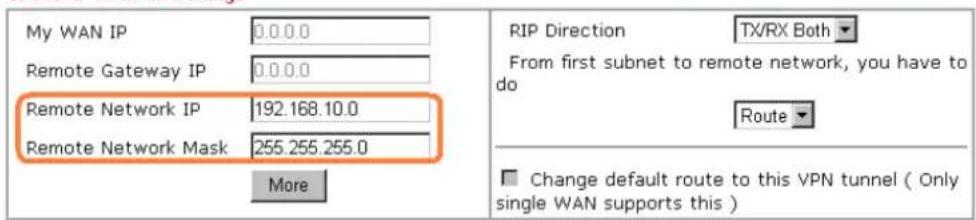 My WAN IP 0.0.0.0 Remote Gateway IP 0.0.0.0 Remote Network IP 192.168.10.0 Remote Network Mask 255.255.255.0 More RIP Direction TX/RX Both From first subnet to remote network, you have to do Route Change default route to this VPN tunnel ( Only single WAN supports this )