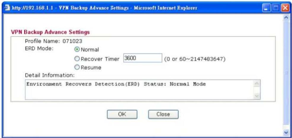 http://192.168.1.1 - VPN Backup Advance Settings - Microsoft Internet Explorer VPN Backup Advance Settings Profile Name: 071023 ERD Mode: Normal Recover Timer 3600 (0 or 60~2147483647) Resume Detail Information: Environment Recovers Detection(ERD) Status: Normal Mode OK Close
