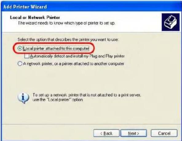 Add Printer Wizard Local or Network Printer The wizard needs to know which type of printer to set up. Select the option that describes the printers you want to use: ○ Local printer attached to this computer □ Automatically detect and install my Plug and Play printer ○ A network printer, or a printer attached to another computer To set up a network printer that is not attached to a print server, use the "Local printer" option < Back Next > Cancel