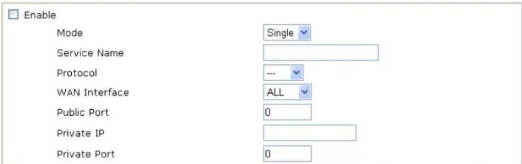 Enable Mode Single Service Name Protocol --- WAN Interface ALL Public Port 0 Private IP 0 Private Port