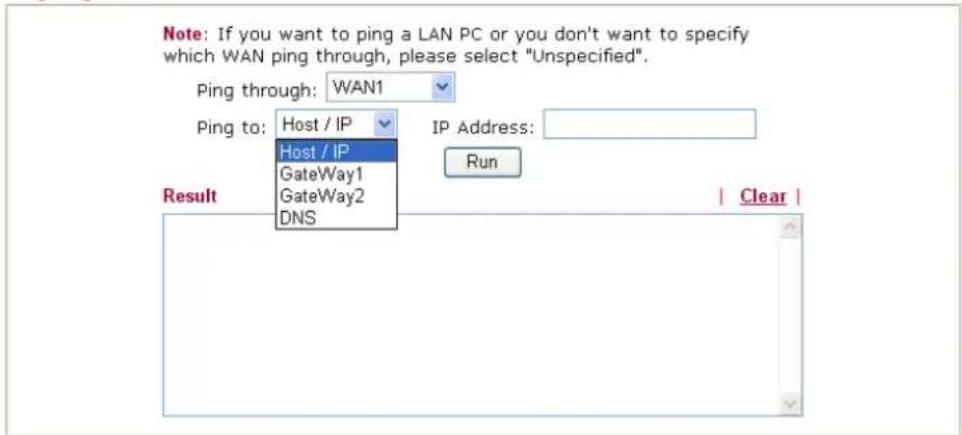 Note: If you want to ping a LAN PC or you don't want to specify which WAN ping through, please select "Unspecified". Ping through: WAN1 Ping to: Host / IP Host / IP GateWay1 GateWay2 DNS IP Address: Run Result | Clear |