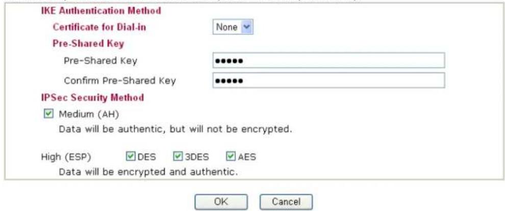 IKE Authentication Method Certificate for Dial-in None Pre-Shared Key Pre-Shared Key Confirm Pre-Shared Key IPSec Security Method ✓ Medium (AH) Data will be authentic, but will not be encrypted. High (ESP) ✓ DES ✓ 3DES ✓ AES Data will be encrypted and authentic. OK Cancel