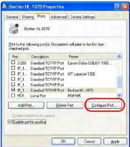 Brother HL-1070 Properties General Sharing Ports Advanced Device Settings Brother HL-1070 Print to the following port(s). Documents will print to the first free checked port. Port Description Printer □ 3250 Standard TCPAP Port Epson Stylus COLOR 1160 ... □ IP_1.. Standard TCPAP Port □ IP_1.. Standard TCPAP Port HP LaserJet 1300 □ IP_1.. Standard TCPAP Port □ IP_1.. Standard TCPAP Port ☑ IP_1.. Standard TCPAP Port Brother HL-1070 □ PDF Local Port PDF995 Add Port... Delete Port Configure Port... Enable database support ■ Enable printer pooling OK Cancel Apply