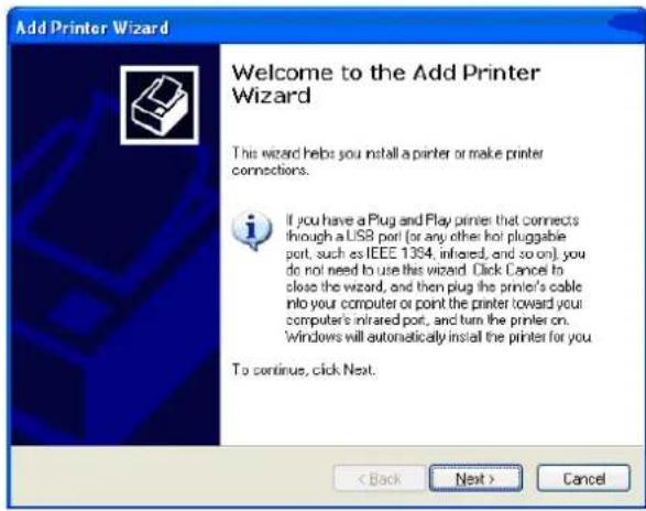 Add Printer Wizard Welcome to the Add Printer Wizard This wizard helps you install a printer or make printer connections. If you have a Plug and Play printer that connects through a USB port (or any other hot pluggable port, such as IEEE 1364, infrared, and so on), you do not need to use this wizard. Click Cancel to close the wizard, and then plug the printer's cable into your computer or point the printer toward your computer's infrared port, and turn the printer on. Windows will automatically install the printer for you To continue, click Next. < Back Next > Cancel