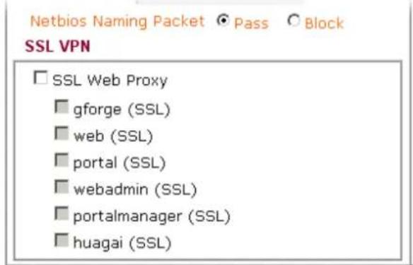 Netbios Naming Packet ○ Pass ○ Block SSL VPN □ SSL Web Proxy □ gforge (SSL) □ web (SSL) □ portal (SSL) □ webadmin (SSL) □ portalmanager (SSL) □ huagai (SSL)