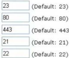 23 (Default: 23) 80 (Default: 80) 443 (Default: 443) 21 (Default: 21) 22 (Default: 22)
