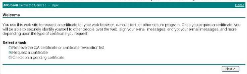 Microsoft Certificate Services -- vigor Welcome You use this web site to request a certificate for your web browser, e-mail client, or other secure program. Once you acquire a certificate, you will be able to securely identify yourself to other people over the web, sign your e-mail messages, encrypt your e-mail messages, and more depending upon the type of certificate you request. Select a task: ○ Retrieve the CA certificate or certificate revocation list ○ Request a certificate ○ Check on a pending certificate Next >