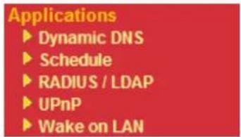 Applications ► Dynamic DNS ► Schedule ► RADIUS / LDAP ► UPnP ► Wake on LAN
