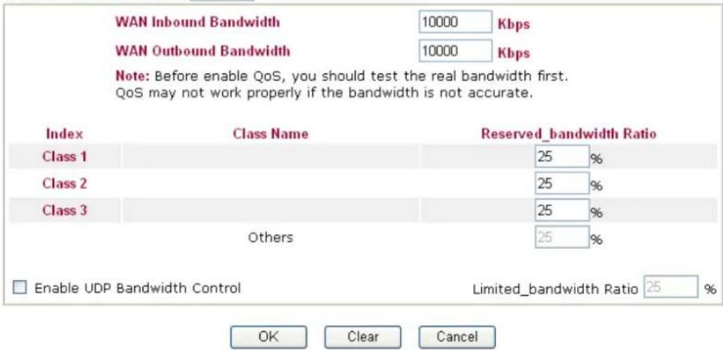 WAN Inbound Bandwidth 10000 Kbps WAN Outbound Bandwidth 10000 Kbps Note: Before enable QoS, you should test the real bandwidth first. QoS may not work properly if the bandwidth is not accurate. Index Class Name Reserved_bandwidth Ratio Class 1 25 % Class 2 25 % Class 3 25 % Others 25 % Enable UDP Bandwidth Control Limited_bandwidth Ratio 25 % OK Clear Cancel