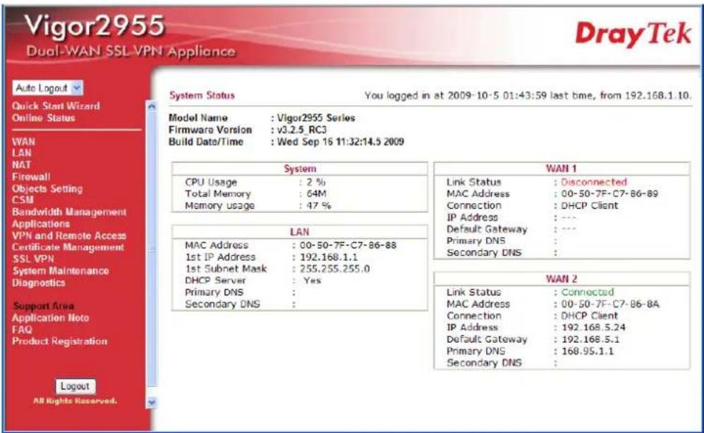 Vigor2955 Dual-WAN SSL VPN Appliance Auto Logout Quick Start Wizard Online Status WAN LAN NAT Firewall Objects Setting CSM Bandwidth Management Applications VPN and Remote Access Certificate Management SSL VPN System Maintenance Diagnostics Support Area Application Note FAQ Product Registration Logout All Rights Reserved. System Status You logged in at 2009-10-5 01:43:59 last time, from 192.168.1.10. Model Name : Vigor2955 Series Firmware Version : v3.2.5_RC3 Build Date/Time : Wed Sep 16 11:32:14.5 2009 System CPU Usage : 2 % Total Memory : 64M Memory usage : 47 % LAN MAC Address : 00-50-7F-C7-B6-88 1st IP Address : 192.168.1.1 1st Subnet Mask : 255.255.255.0 DHCP Server : Yes Primary DNS : Secondary DNS : WAN 1 Link Status : Disconnected MAC Address : 00-50-7F-C7-B6-89 Connection : DHCP Client IP Address : ... Default Gateway : ... Primary DNS : Secondary DNS : WAN 2 Link Status : Connected MAC Address : 00-50-7F-C7-B6-8A Connection : DHCP Client IP Address : 192.168.5.24 Default Gateway : 192.168.5.1 Primary DNS : 168.95.1.1 Secondary DNS :