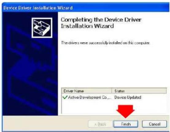Device Driver Installation Wizard Completing the Device Driver Installation Wizard The drivers were successfully installed on this computer. Driver Name Status ✓ Active Development Co... Device Updated + Back Finish Cancel