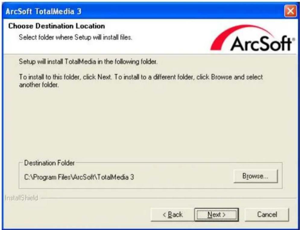 ArcSoft TotalMedia 3 Choose Destination Location Select folder where Setup will install files. Setup will install TotalMedia in the following folder. To install to this folder, click Next. To install to a different folder, click Browse and select another folder. Destination Folder C:\Program Files\ArcSoft\TotalMedia 3 Browse... InstallShield < Back Next > Cancel
