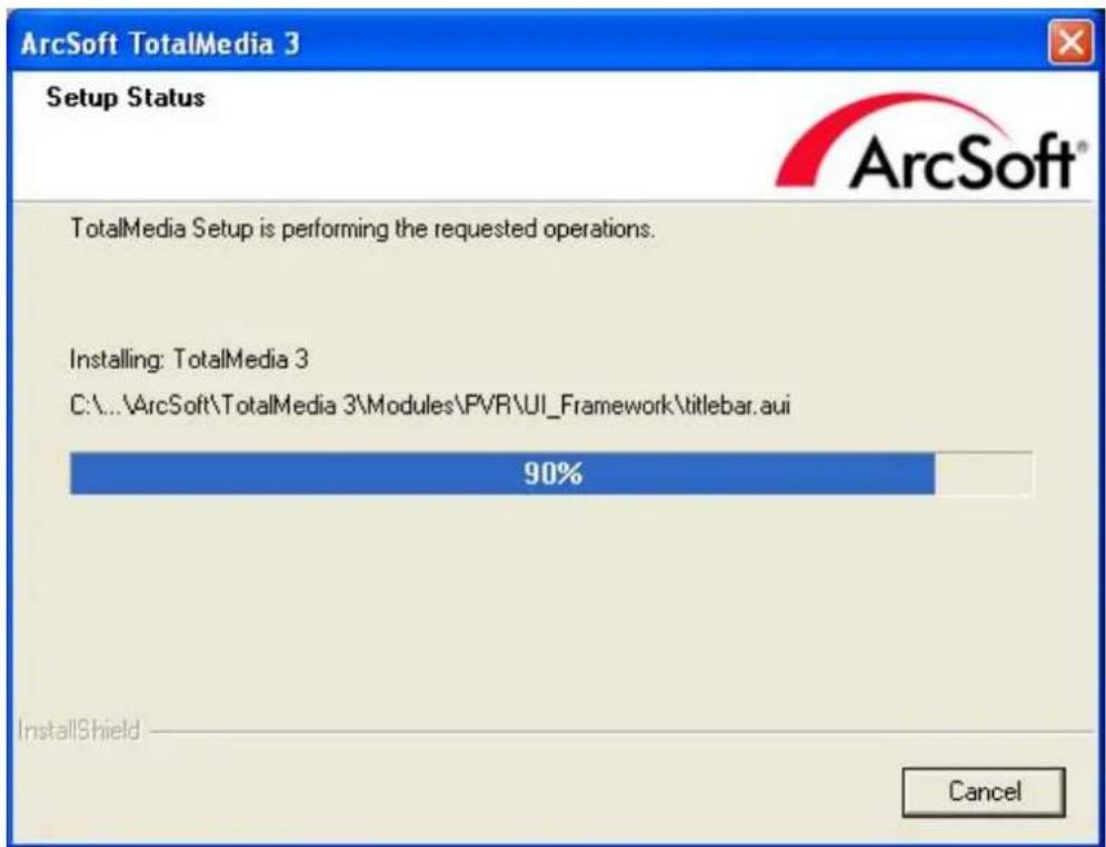 ArcSoft TotalMedia 3 Setup Status TotalMedia Setup is performing the requested operations. Installing: TotalMedia 3 C:\...\ArcSoft\TotalMedia 3\Modules\PVR\UI_Framework\titlebar.ai 90% InstallShield Cancel