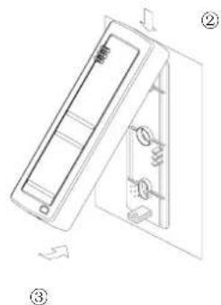Technical diagram of a door handle assembly with numbered parts and directional arrows indicating assembly steps.
