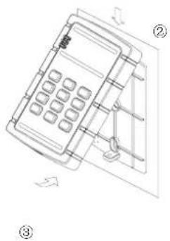 Technical diagram of a telephone handset with labeled parts and directional arrows indicating movement or assembly.