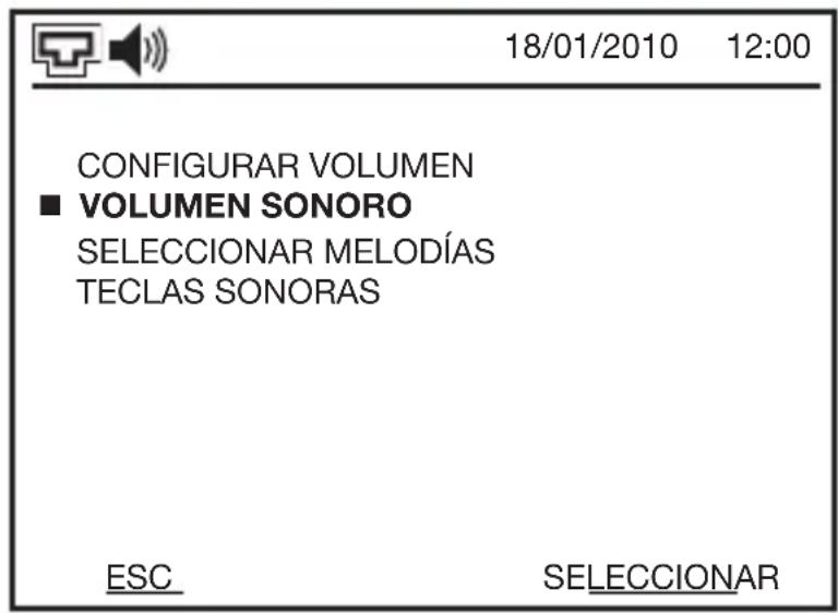 18/01/2010 12:00 CONFIGURAR VOLUMEN ■ VOLUMEN SONORO SELECCIONAR MELODÍAS TECLAS SONORAS ESC SELECCIONAR