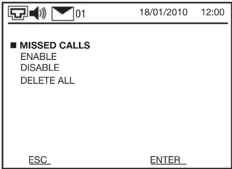 01 18/01/2010 12:00 ■ MISSED CALLS ENABLE DISABLE DELETE ALL ESC ENTER