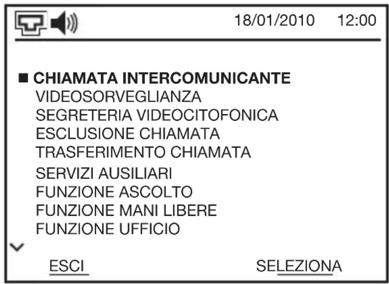 18/01/2010 12:00 ■ CHIAMATA INTERCOMUNICANTE VIDEOSORVEGLIANZA SEGRETERIA VIDEOCITOFONICA ESCLUSIONE CHIAMATA TRASFERIMENTO CHIAMATA SERVIZI AUSILIARI FUNZIONE ASCOLTO FUNZIONE MANI LIBERE FUNZIONE UFFICIO ESCI SELEZIONA